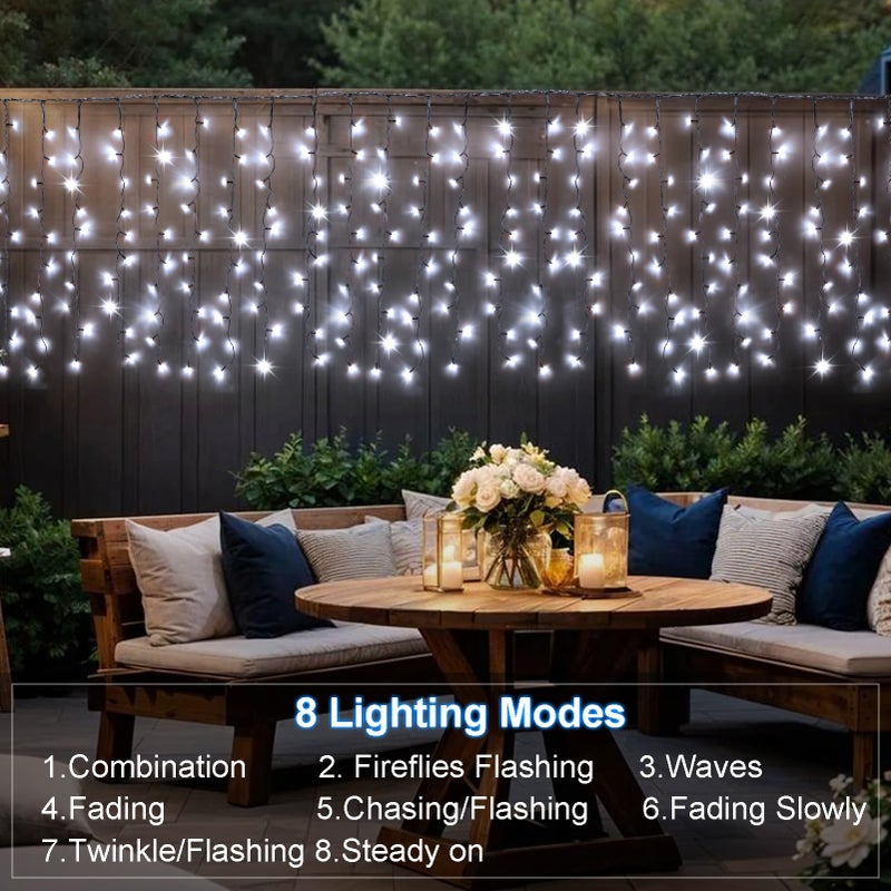 DBFAIRY أضواء ستائر شمسية DBFAIRY، 13 قدم × 3.3 قدم 200 LED أضواء ستائر شمسية خارجية مقاومة للماء سلك أخضر مع 8 أوضاع لتزيين الحديقة، الدرابزين، الحواف، والجدران - أبيض بارد - Image 3